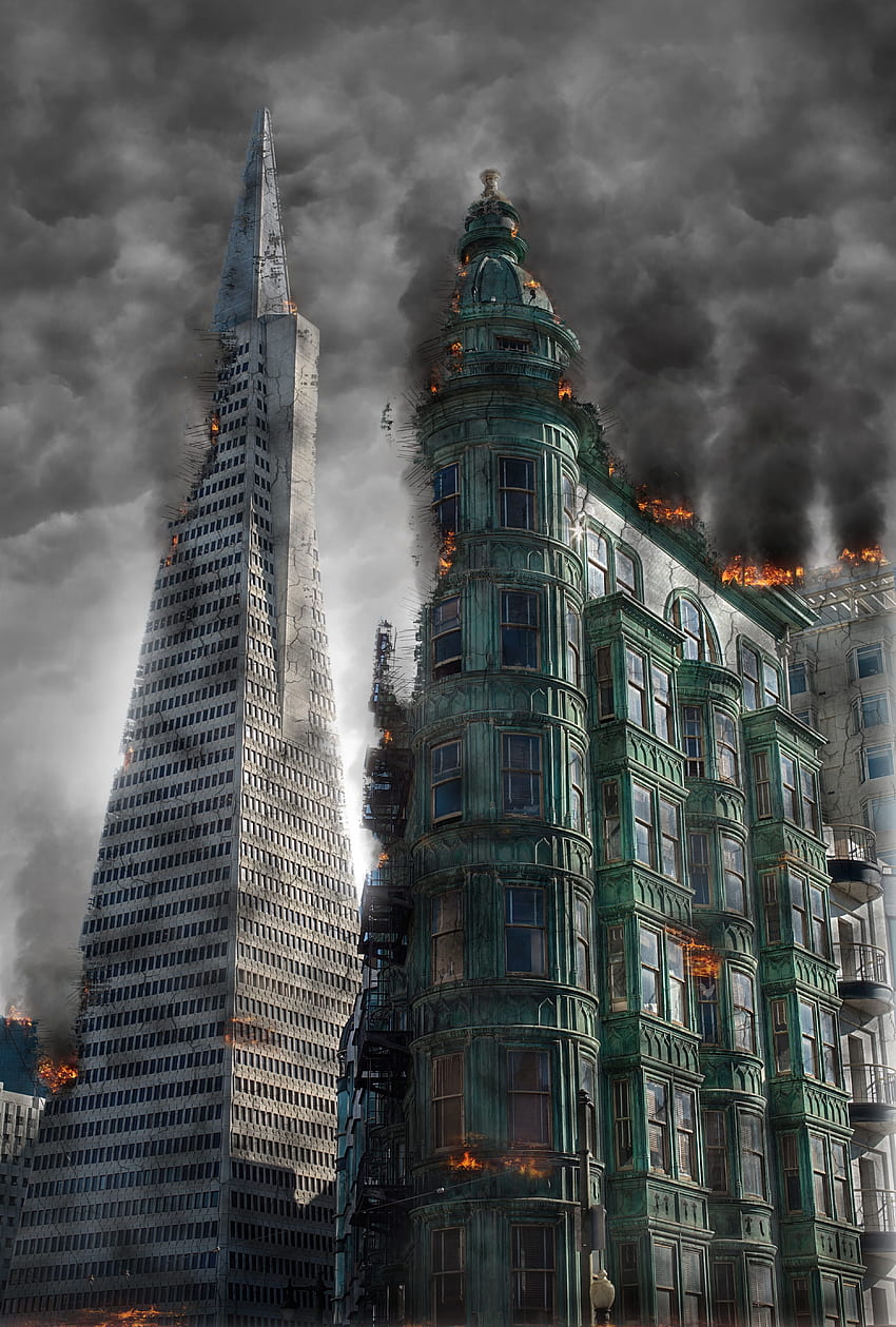 destroyed buildings under gray sky illustration HD phone wallpaper