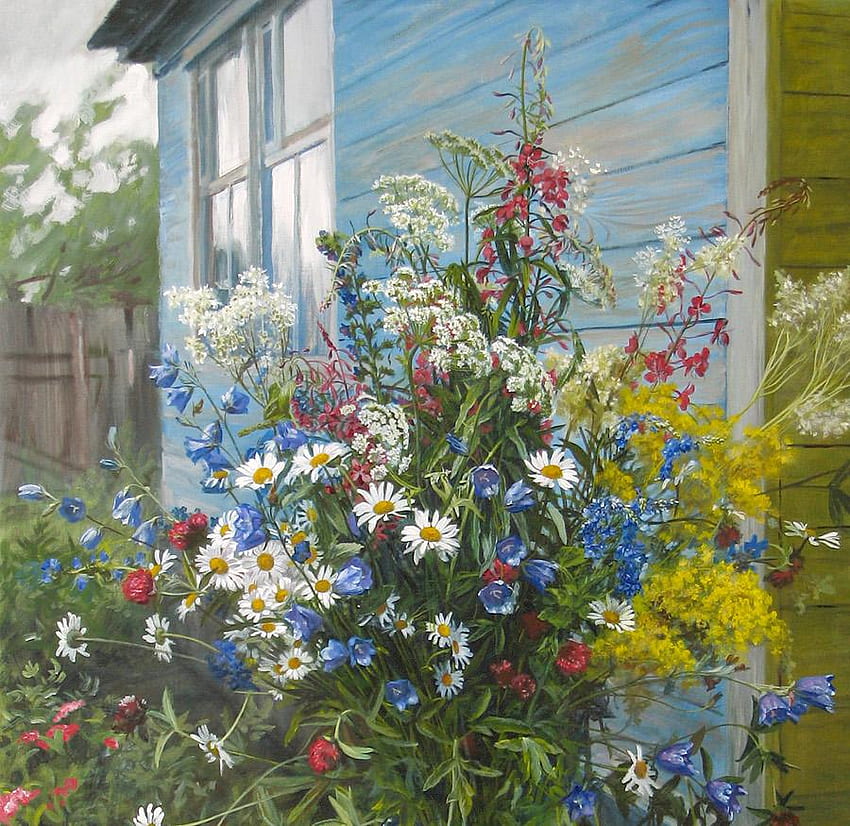 The Garden, blue, window, house, garden, grass, tree, roof, painting, fence, flowers HD wallpaper