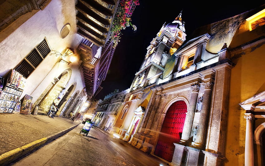 Kota, Malam, Arsitektur, Jalan, Cartagena, Kolombia Wallpaper HD