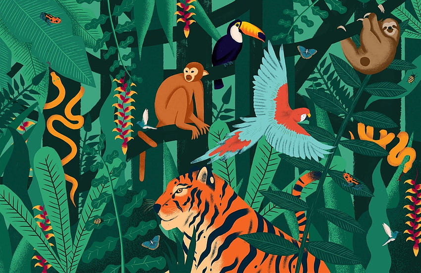 Jungle Animals Mural, Tropical Rainforest Animals HD wallpaper
