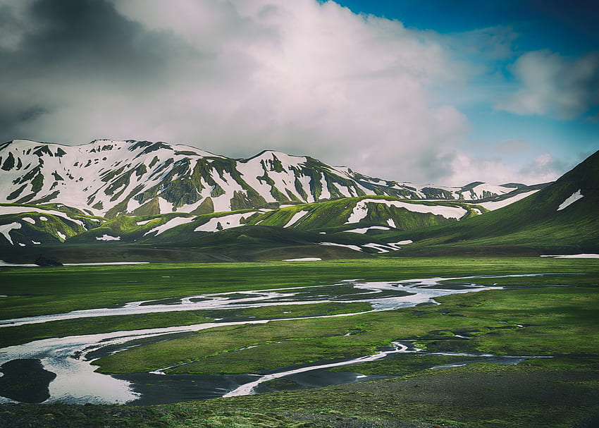 Iceland, mountains, snow, green landscape HD wallpaper