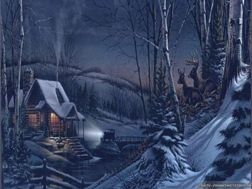 Cabin dark winter night HD wallpaper
