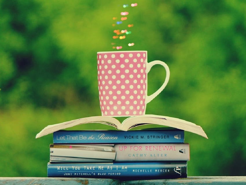 Books of Love, trees, books, still life, coffee cup HD wallpaper