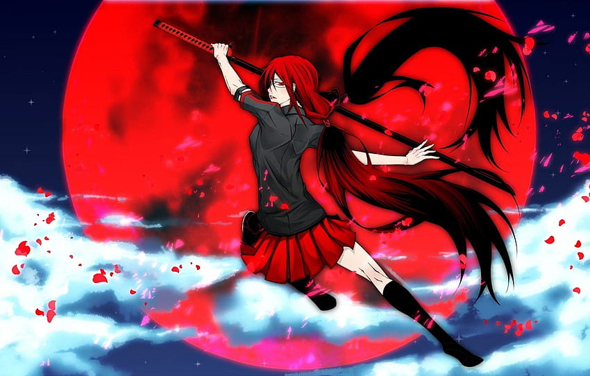 moon., katana, Blood C, Saya Kisaragi, red, Girl, Blood-C HD wallpaper