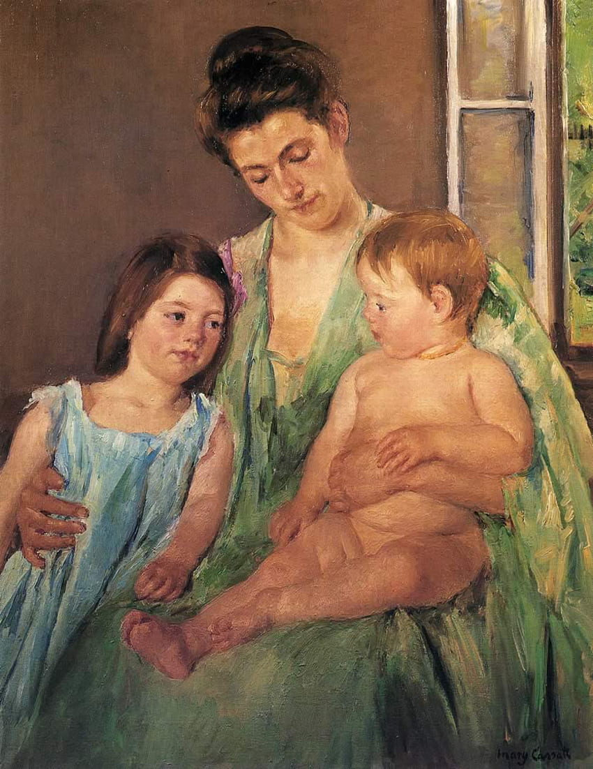 若い母親と二人の子供 - メアリー・カサット HD電話の壁紙