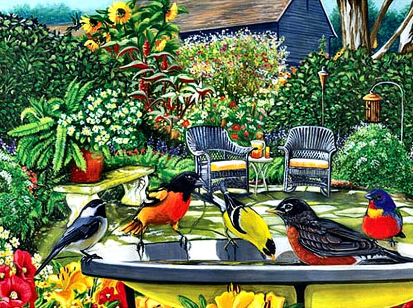 Bird Bath FC, Goldfinch, animal, songbirds, bird, art, beautiful, illustration, avian, Chickadee, artwork, Painted Bunting, wildlife, painting, Robin, Oriole, nature HD wallpaper