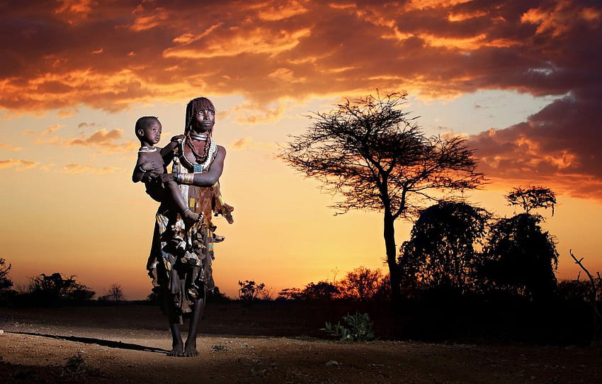 Afrika, die Ureinwohner, Mutter und Kind für , Abschnitt настроения, African Village HD-Hintergrundbild