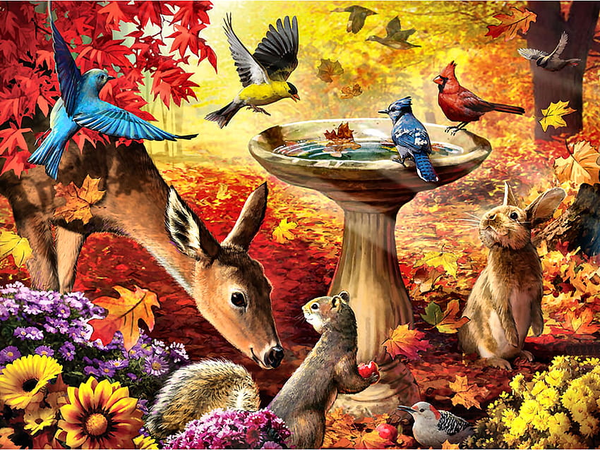 Autumn Birdbath F, animale, uccelli, vasca per uccelli, ghiandaia blu, aviaria, picchio, pittura, cardellino, cardinale, coniglio, cinciallegra, arte, bellissimo, opera d'arte, schermo panoramico, fauna selvatica, uccello azzurro, cervo, fiori, scoiattolo Sfondo HD