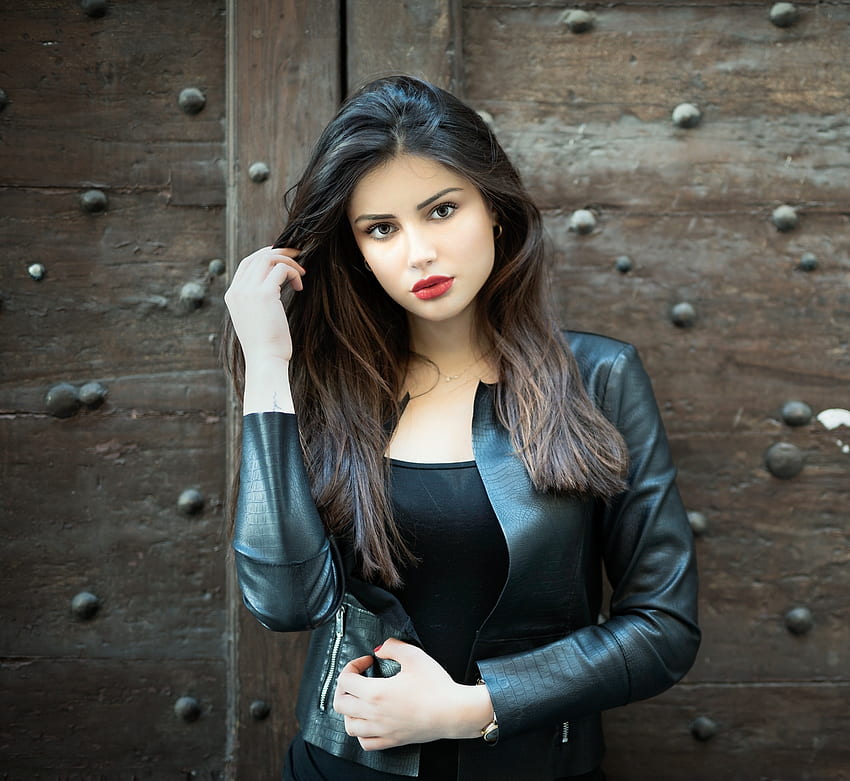 Leather jacket, brunette, woman HD wallpaper