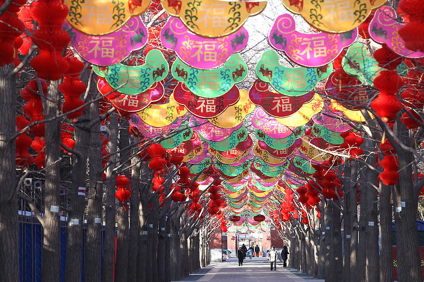Chinesischer Spaziergang unter traditionellen roten Laternen und. Chinesisch, Frühlingsfest HD-Hintergrundbild