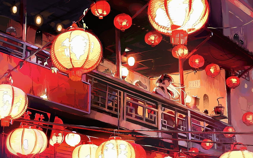 Japanese Building, Anime Girl, Lanterns, Anime Festival HD wallpaper