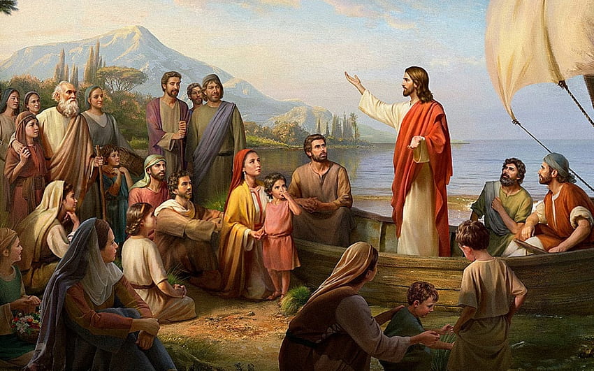 Исус проповядва, море, Христос, лодка, Исус, проповядва, хора HD тапет