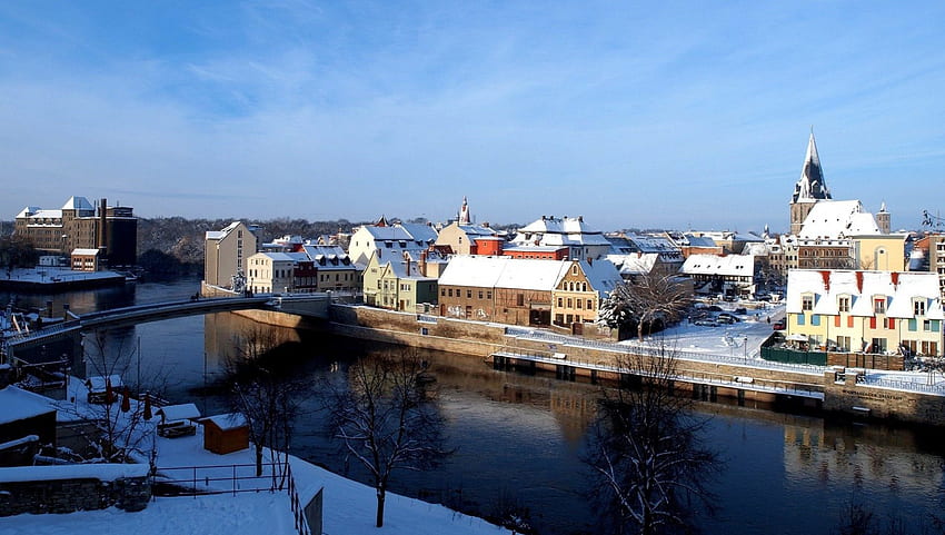 winter in a german town, winter, bridge, river, town HD wallpaper