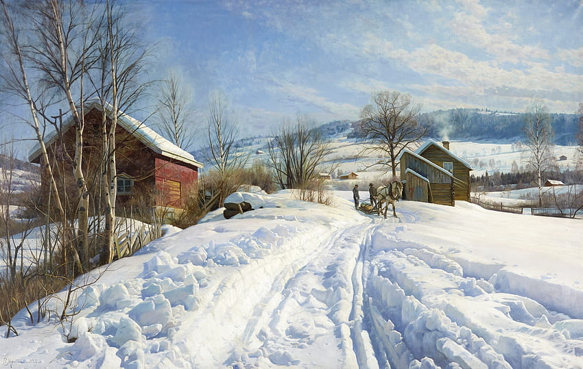 田舎の冬、馬、そり、丘、絵画、男性、雪、家 高画質の壁紙