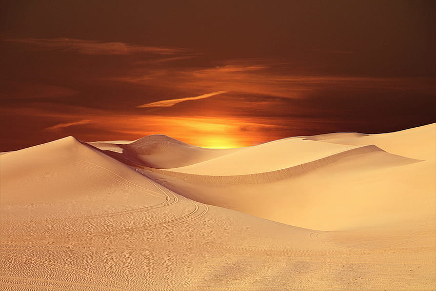 砂漠、夕日、オレンジ色の空、風景 高画質の壁紙