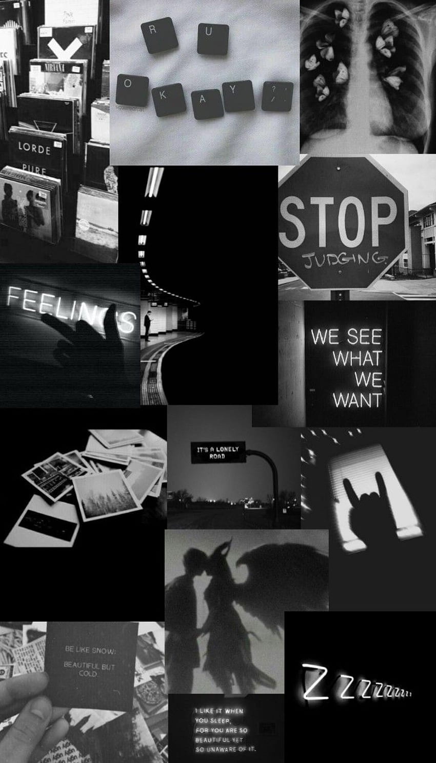 Schwarz-Weiß-Collage im Jahr 2021. Dunkles iPhone, schwarze Ästhetik, süßer Herbst, Gewalt stoppen HD-Handy-Hintergrundbild