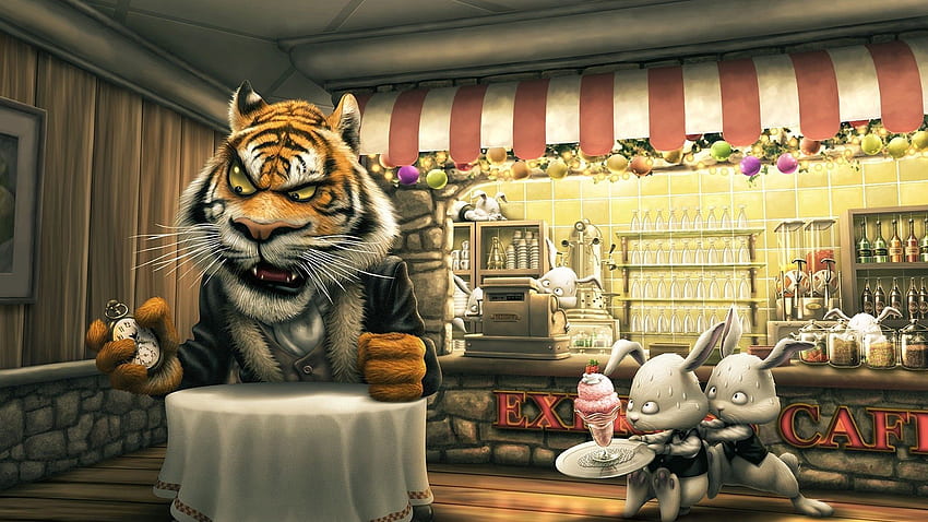 Essen, Kunst, Tiger, Café, Café, Hasen, wütender Tiger-Cartoon HD-Hintergrundbild