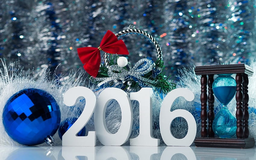 Selamat Tahun Baru!, biru, jam pasir, musim dingin, putih, craciun, 2016, bola, natal, merah, busur, tahun baru Wallpaper HD