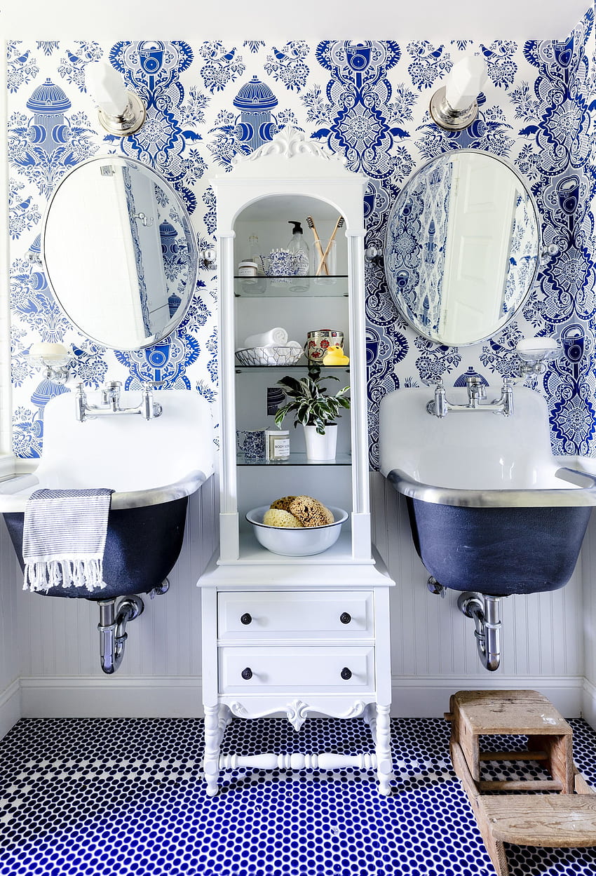 バスルームのアイデア - バスルームに最適, ロイヤルブルーとホワイト HD電話の壁紙