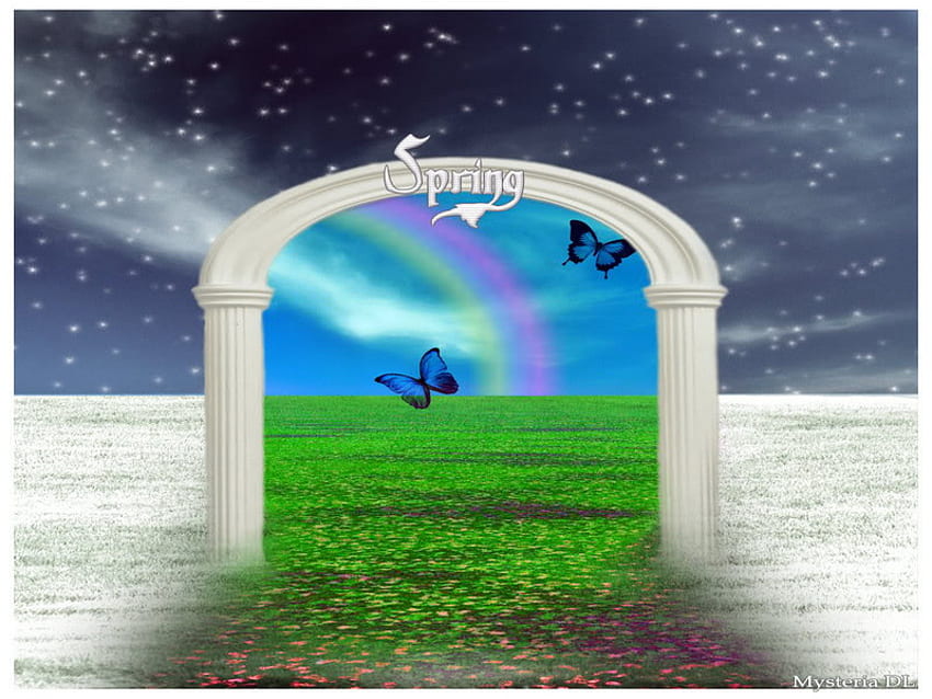 puerta, mariposa, arco iris, primavera, campo fondo de pantalla