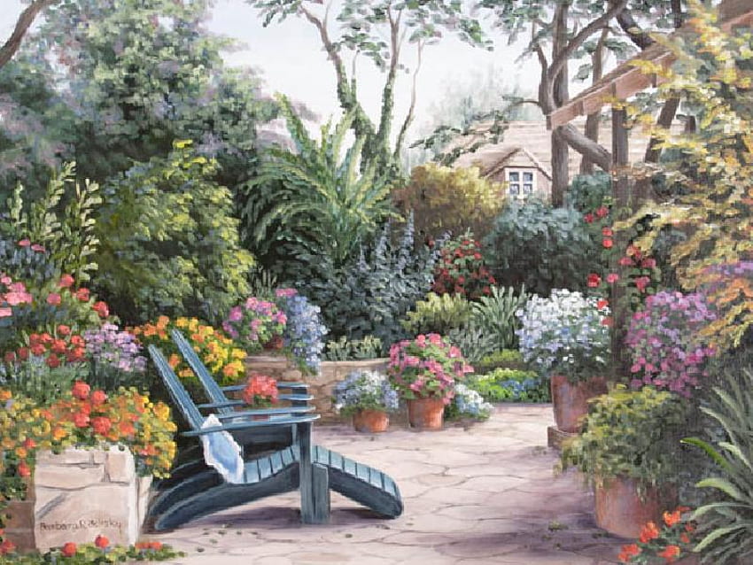 En A Carmel Garden, casa, jardín, arbustos, helechos, piedra, árboles, flores, pared, macetas, sillones de madera fondo de pantalla