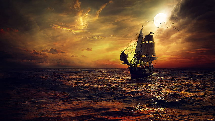 Sun, Art, Sunset, Sails, Sail, Ship HD wallpaper