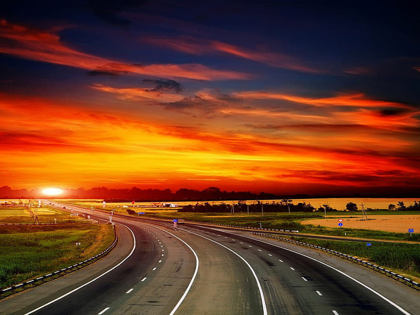 the road to beauty, grass, highway, orange, destination, green, yellow, street, clouds, road, sky, sun, sunset, travel HD wallpaper