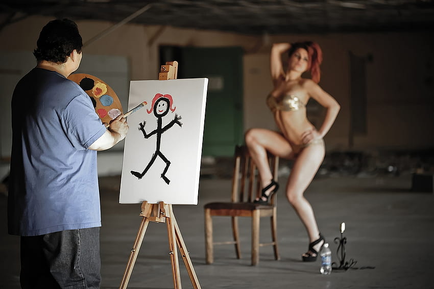 The Artist, subject, pose, wrong line of work, lady, goofy, paint, funny, humor, stickman HD wallpaper