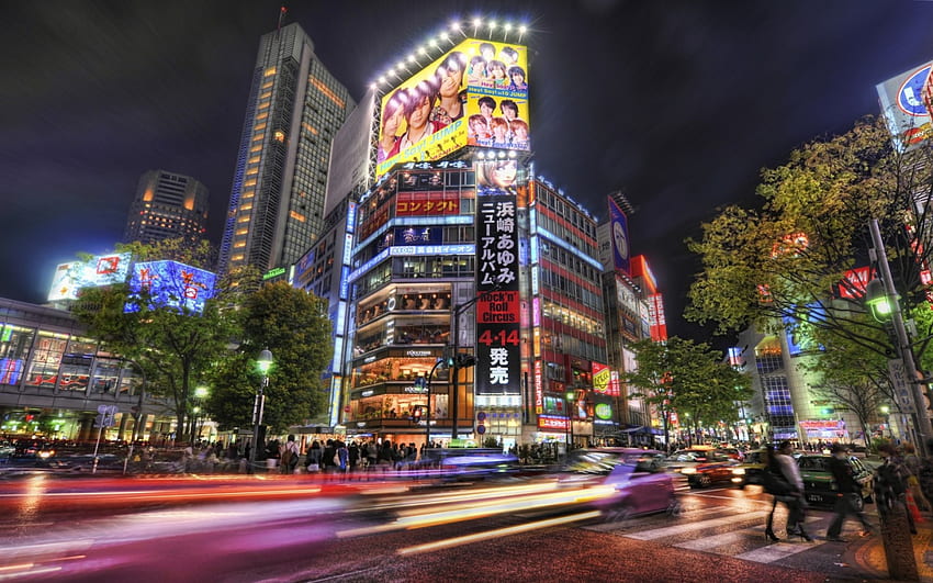 Токио улица през нощта при дълга експозиция r, нощ, трафик, град, светлини, улица, дълга експозиция, r, реклами HD тапет