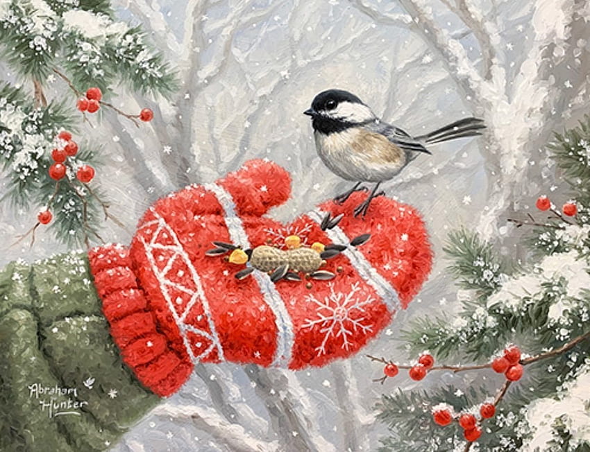 :), sarung tangan, musim dingin, pemburu abraham, seni, burung, lukisan, iarna, merah, pictura, pasari Wallpaper HD