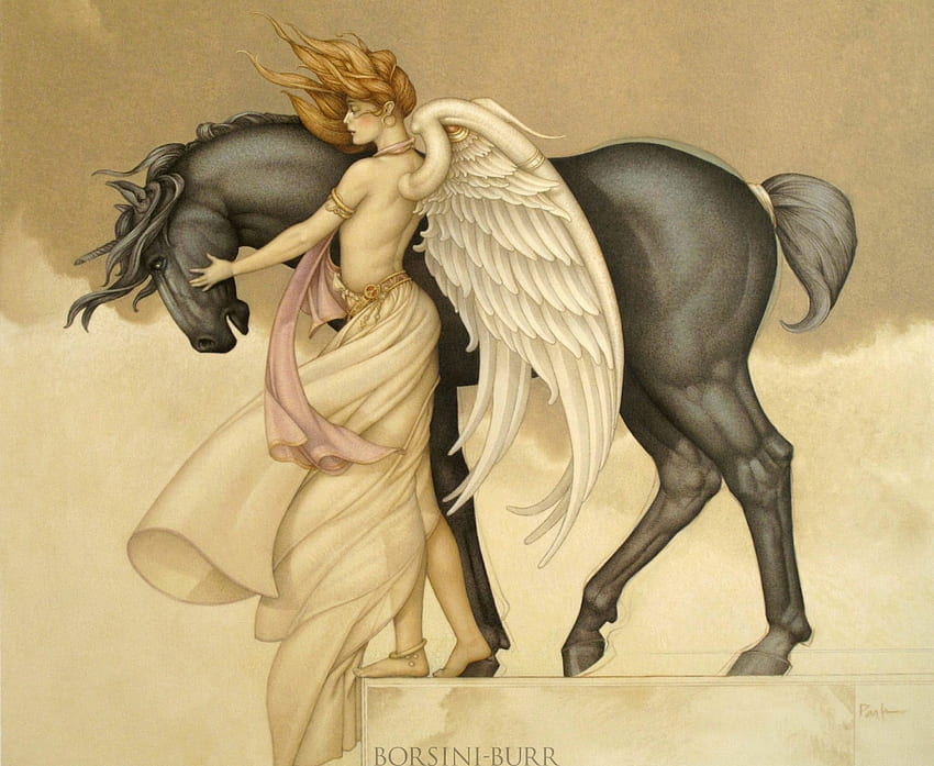 Angel and dark nicorn, unicorn, angel, girl, dark, wings, black, art, borsini burr, fantasy HD wallpaper