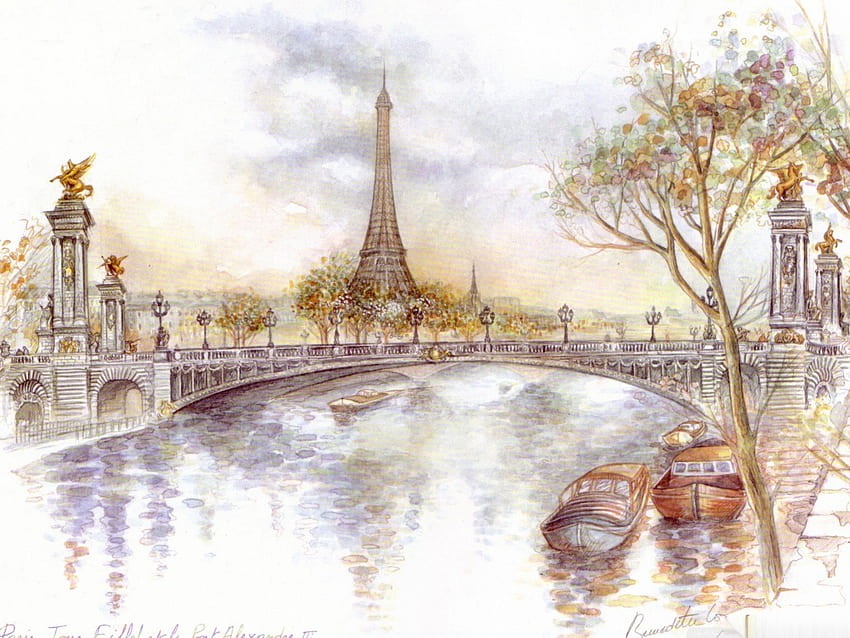 วาดปารีส ปารีส ศิลปะ วาด หอคอย สะพาน วอลล์เปเปอร์ HD