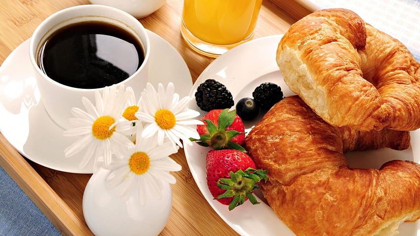 Morning coffee, juice, morning, daisies, nice, croissant, plate, yummy, coffee, berries, delicious, beautiful, fruits, fresh, orange, streawberries, pretty, flowers, lovely HD wallpaper