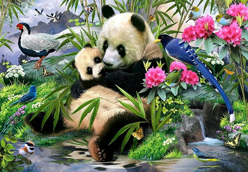 Por Howard Robinson, animal, oso, pintura, pájaro, arte, flor, howard robinson, panda fondo de pantalla