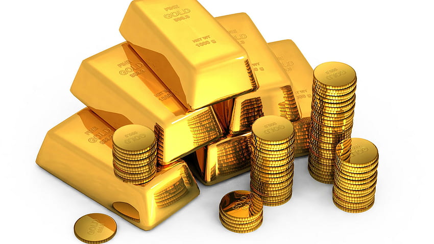 Gold, Goldbarren, Münzen, weißer Hintergrund, Geld - transparenter Hintergrund Goldmünzen HD-Hintergrundbild