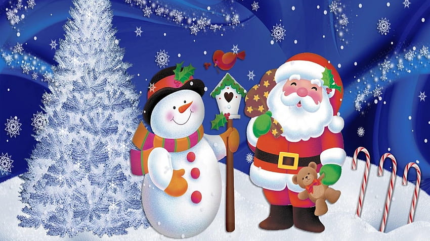 santa claus, snowman, christmas, tree, snowflakes, postcard HD wallpaper
