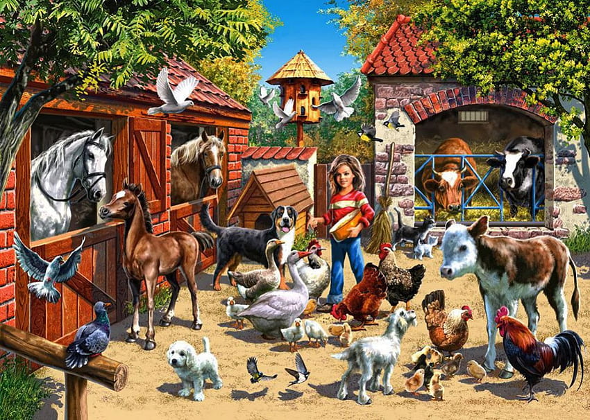 Living Countryside, artwork, calf, horses, stable, hens, painting, animals, child HD wallpaper