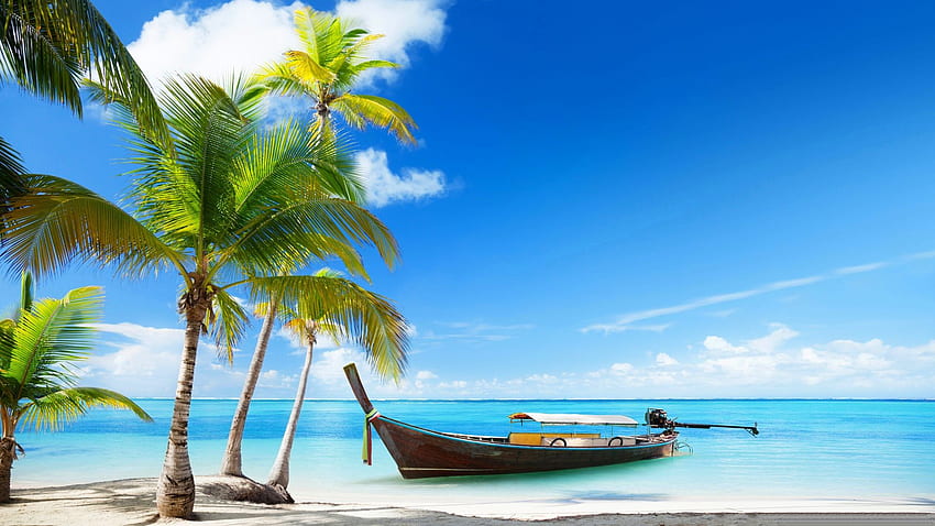 лодка, океан, синьо небе, бял пясък, рай, палми, пътуване, тропически, красив, плаж, тюркоазена вода, лято HD тапет