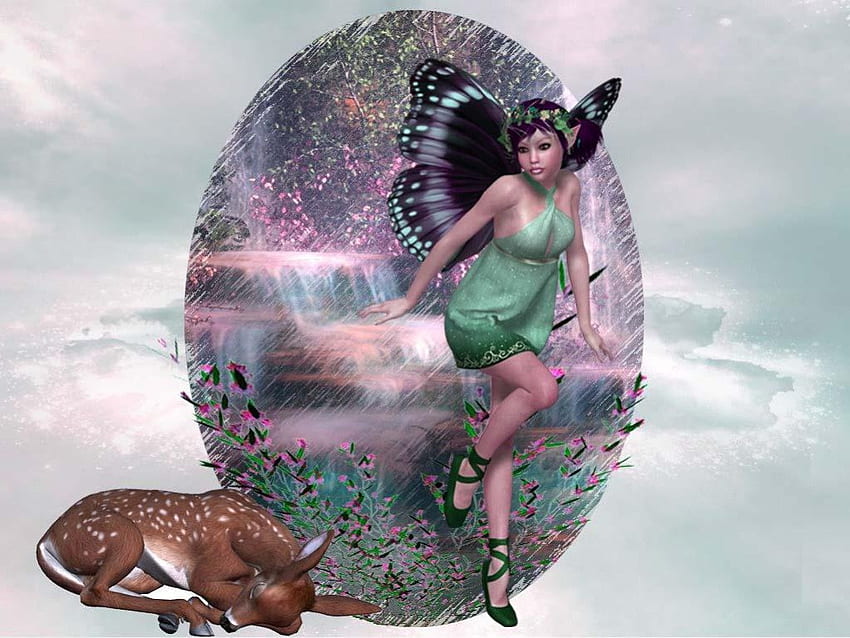 Butterfly fairy, fairy, flowers, fantasy, fawn HD wallpaper