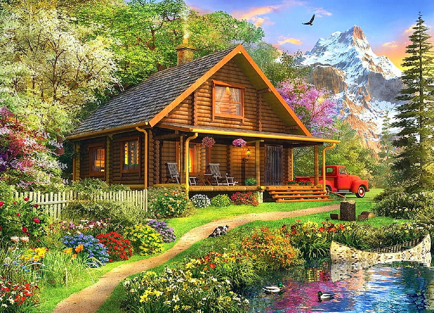 Mountain Retreat, boat, attractions in dreams, paintings, walkway, summer, landscapes, love four seasons, cottages, cabins, nature, flowers, mountains HD wallpaper