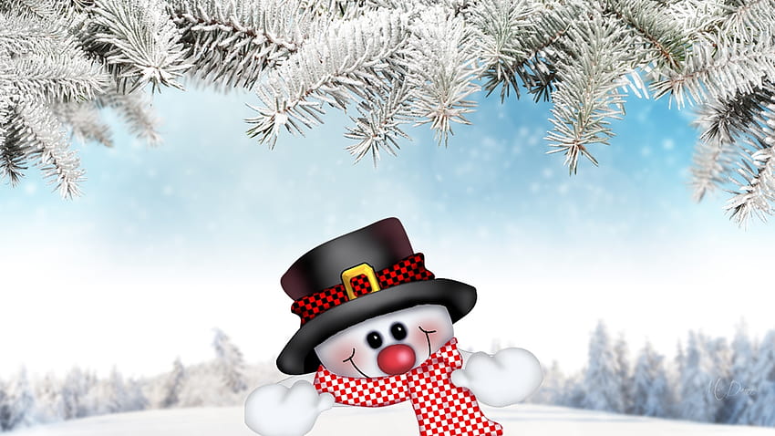 Cutie Snowman, zima, zabawa, świerk, jodła, bałwan, wakacje, Boże Narodzenie, śnieg, drzewa, niebo, las Tapeta HD