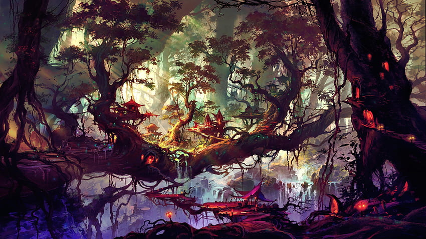 Rumah Hutan Fantasi Fantastis Kota Karya Seni Wallpaper HD