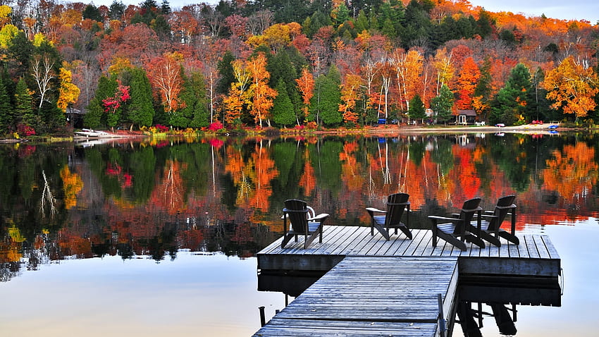 floating dock on a lake in fall, chairs, reflection, ramp, autumn, dock, forest, lake HD wallpaper