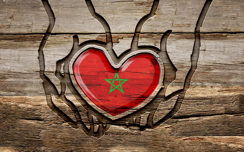 Ich liebe Marokko, Holzschnitzhände, Tag von Marokko, marokkanische Flagge, Flagge von Marokko, Pass auf Marokko auf, kreativ, Marokko-Flagge, Marokko-Flagge in der Hand, Holzschnitzerei, afrikanische Länder, Marokko HD-Hintergrundbild