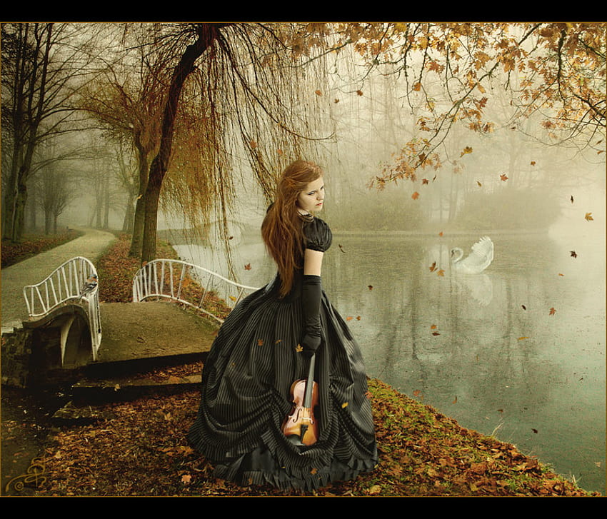 Herbst_Melancholie, Fluss, Dame, Natur, Herbst HD-Hintergrundbild