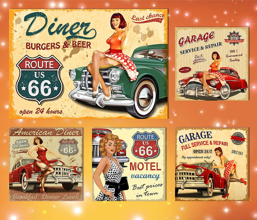 Vintage Poster, sinais, lanchonetes, carros, cartaz, meninas, rota 66, vintage papel de parede HD