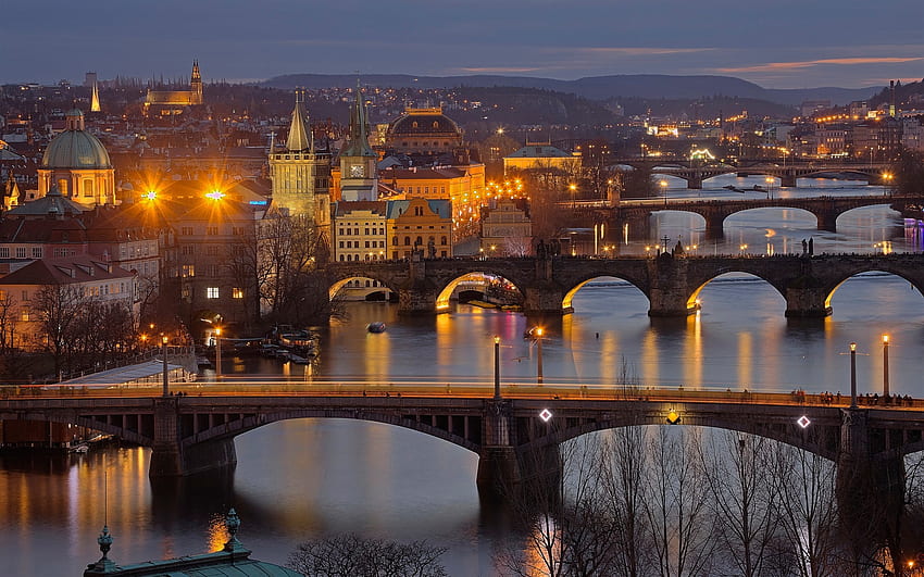 Vltava, สาธารณรัฐเช็ก, ปราก, กลางคืน, สะพาน - พราฮา - , ปรากกลางคืน วอลล์เปเปอร์ HD