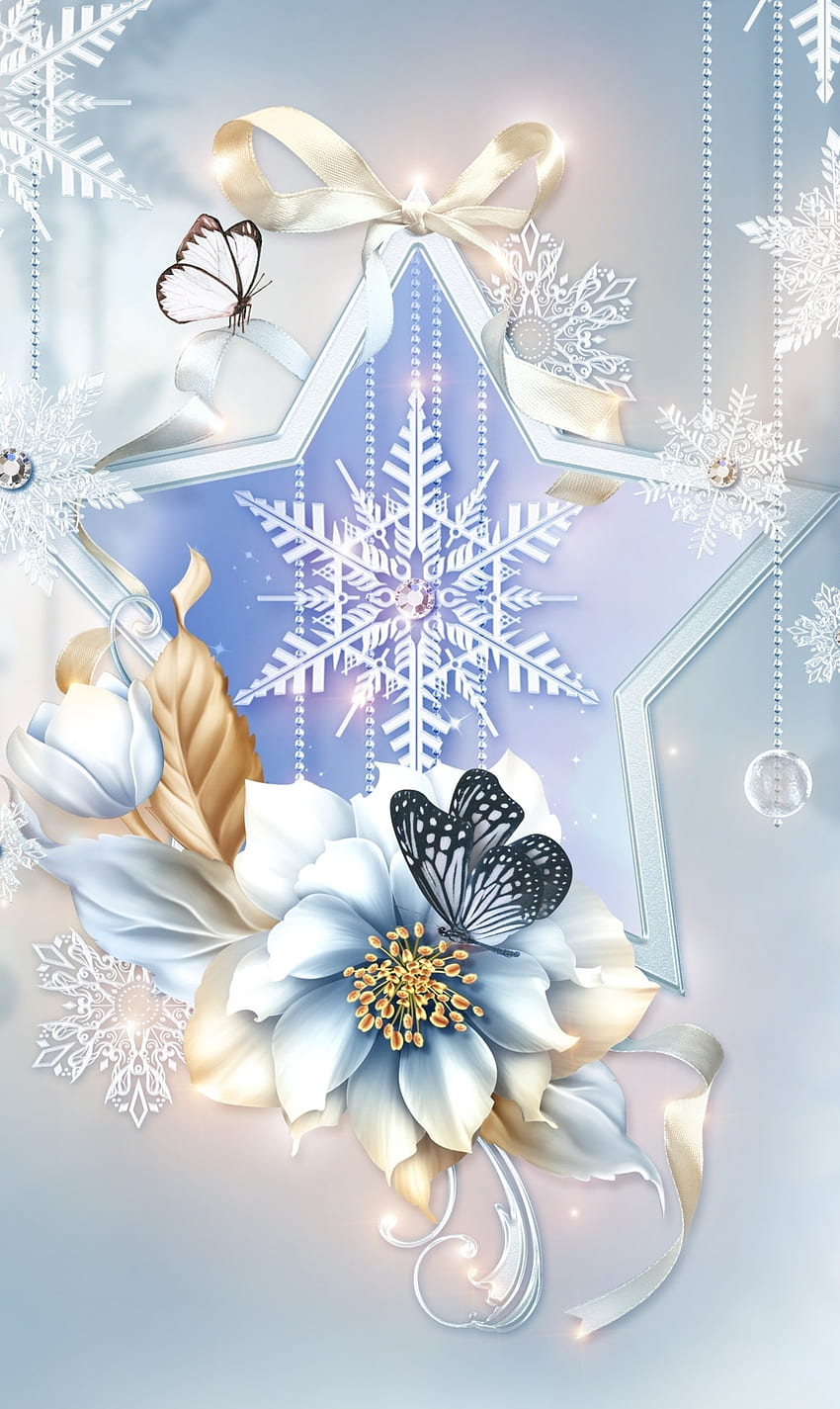 エレガントな冬、花、青 HD電話の壁紙