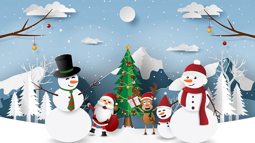 Snowmen Christmas Tree Santa Claus Reindeer Snow Mountains Background Christmas HD wallpaper