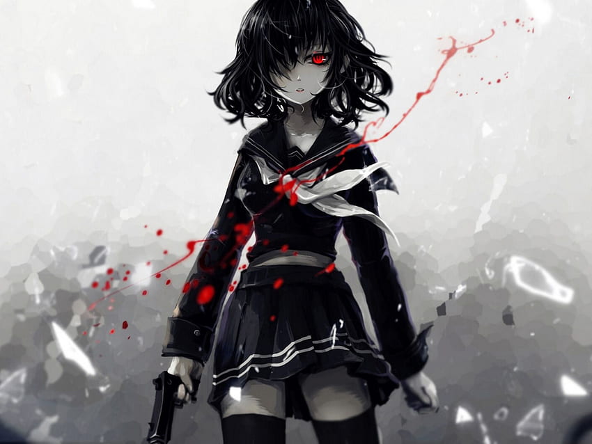 menina, arma de fogo, armas, sangue, Anime, arte, formulário, colegial, Aoiakamaou, Seção seinen em resolução, Bloody Anime Girl papel de parede HD